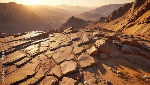 Cracked earth on hillslope takes on golden hue in late afternoon, hill, terrain, slope photo