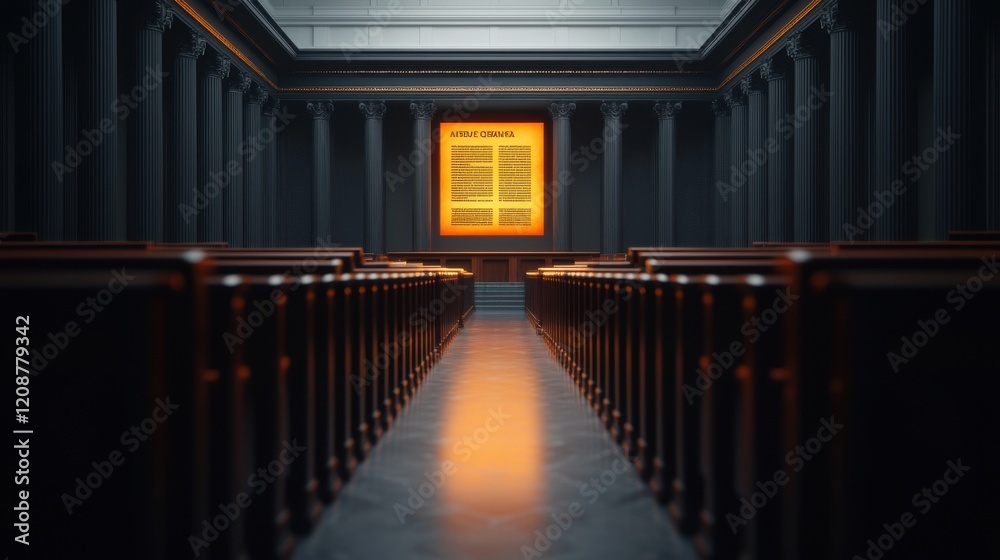 Artificial Intelligence Ethics Governance concept. Futuristic Courtroom with Holographic Regulations