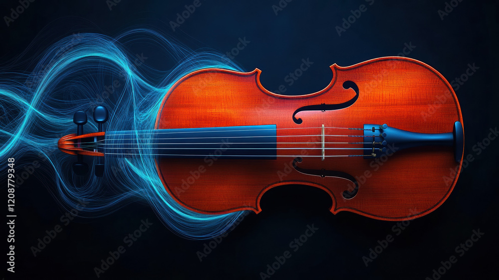 Fototapeta premium Violin with flowing strings and intricate design on dark background
