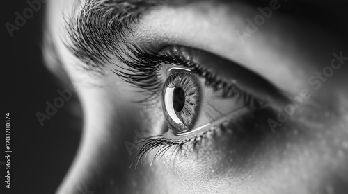Close up of human eye looks intense with black and white tone, capturing depth and texture of iris and eyelashes