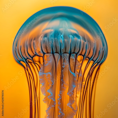 Close-up of a jellyfish with translucent bell and flowing tentacles against a warm background. photo