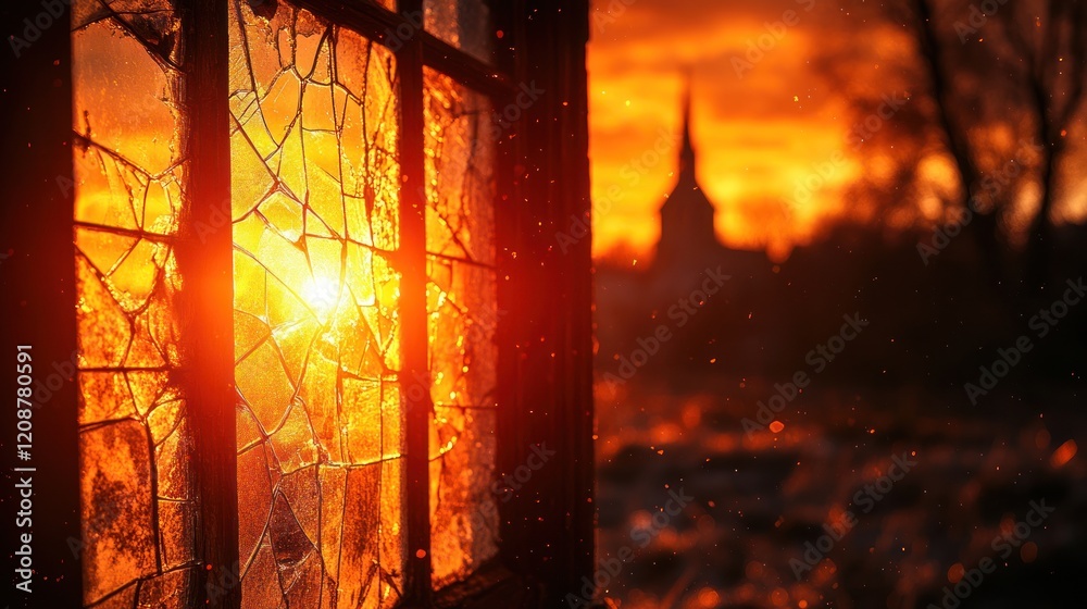 Fototapeta premium Sunset through cracked stained glass window, church background