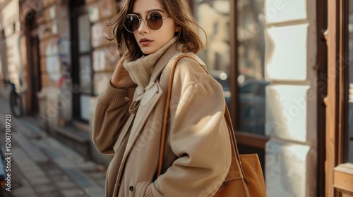 Trendy woman in stylish beige coat with bag on city street, AI generated image