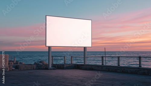 Realistic view of a billboard by the ocean at sunset.