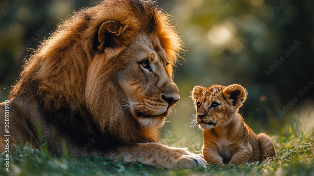 Obraz premium A lion and cub rest together in a grassy area