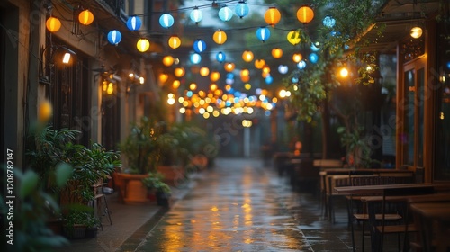 Wallpaper Mural Serene Rainy Evening in a Quaint Alleyway with Softly Glowing Lanterns, Lush Greenery, and Glistening Pavement for a Cozy Atmosphere Torontodigital.ca
