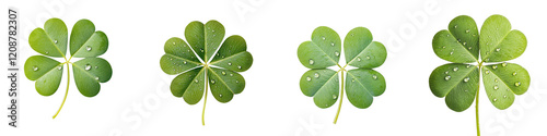 Vibrant four leaf clovers with dew droplets on the lush green leaves against a natural abstract background  Lucky symbol and concept of prosperity good fortune and St  Patrick s Day