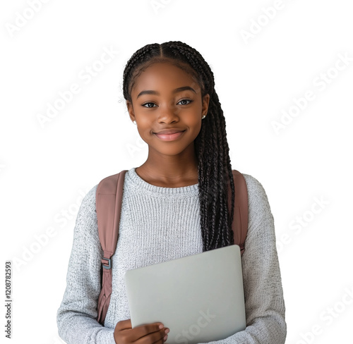 Portrait of a young, smiling, teen African American girl school student with long, braided hair holding a laptop and carrying a backpack, isolated on a transparent background, cut out