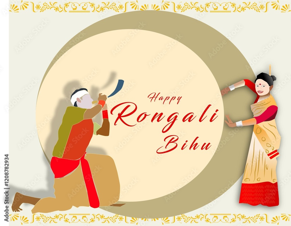 Fototapeta premium Happy Rongali Bihu social media feed template. Greeting background with drum (dhol, onoinya) decorated with gamosa, japi (bamboo hat) and pepa
