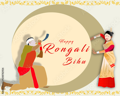 Happy Rongali Bihu social media feed template. Greeting background with drum (dhol, onoinya) decorated with gamosa, japi (bamboo hat) and pepa