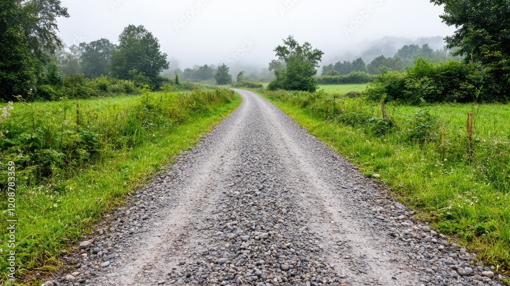 Misty gravel road leading through green fields; scenic countryside. Use Travel brochure Misty gravel road leading through green fields; scenic countryside. Use Travel brochure