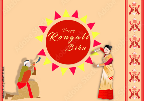 Happy Rongali Bihu social media feed template. Greeting background with drum (dhol, onoinya) decorated with gamosa, japi (bamboo hat) and pepa