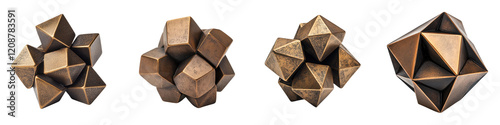 Striking bronze geometric polyhedron sculptures featuring abstract shapes patterns and minimalist designs  These modern dimensional art pieces showcase the beauty of complex forms and symmetry