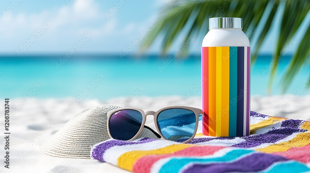 Sunglasses, hat, and colorful sunscreen bottle on a beach towel. Sunglasses, hat, and colorful sunscreen bottle on a beach towel.