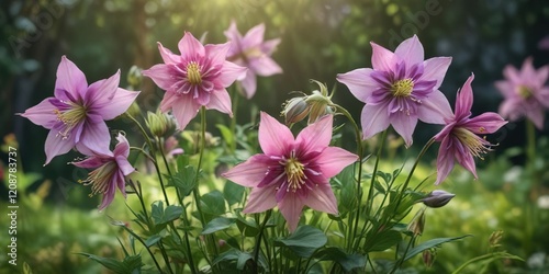 Delicate aquilegia flowers blooming on a lush green stem, flowering plant, aquilegia caerulea photo