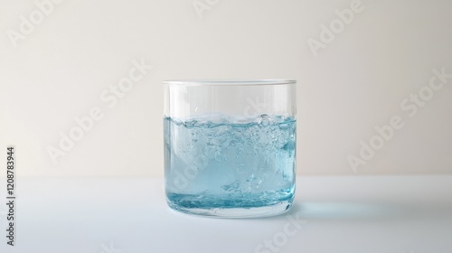 A clear glass beaker filled with a light blue alkaline solution, labeled as sodium hydroxide (NaOH), on a white background.
