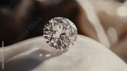 A close-up of a single sparkling diamond with brilliant facets reflecting light, placed on a white background.