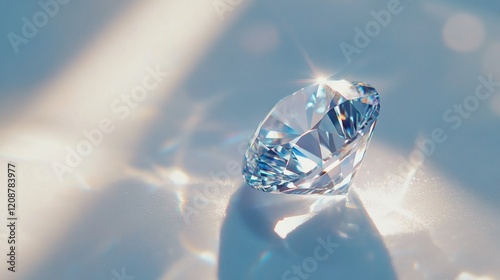 A close-up of a single sparkling diamond with brilliant facets reflecting light, placed on a white background.
