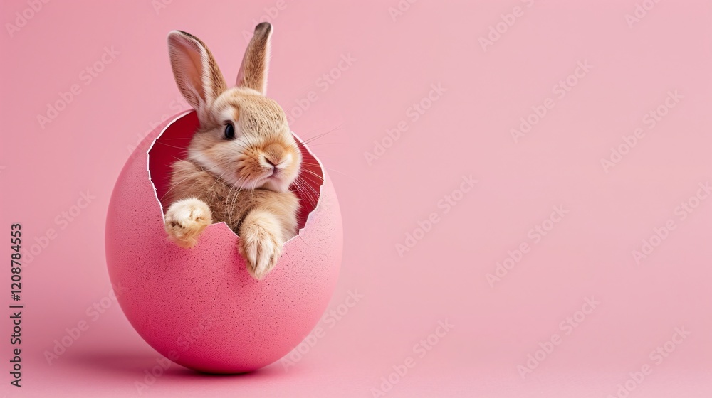 Obraz premium Easter bunny in eggshell on pink background with copy space.