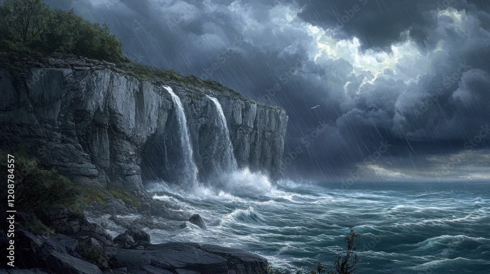 Fototapeta premium A dramatic coastal cliffside during a rainstorm, with waves crashing against the rocks and dark clouds rolling across the sky.