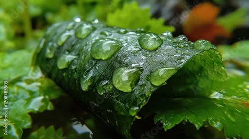 A macro shot of tiny raindrops clinging to the edges of a green leaf, reflecting the surrounding nature like tiny lenses. photo