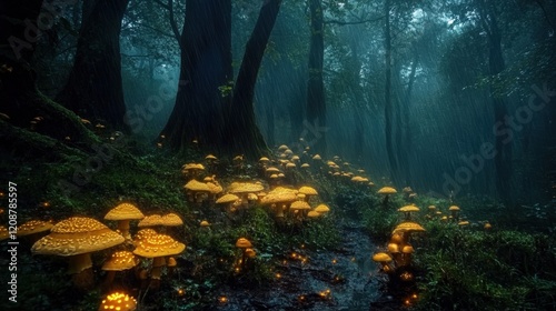 A magical rainstorm in an ancient forest, with giant trees reaching into the stormy sky, and glowing mushrooms dotting the forest floor. photo