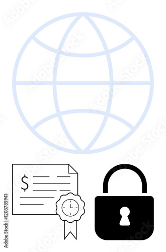 Globe with intersecting lines, financial document with a seal, and a padlock symbolizing network connectivity, secure transactions, and authenticity. Ideal for business, global economy, security