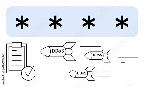 Rockets labeled DDoS targeting a secure password field, clipboard with a checkmark. Ideal for cybersecurity, passwords, hacking, protection, vulnerability, threat detection, abstract line flat