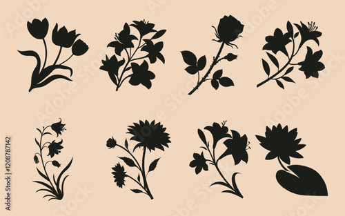 rose,water lily,sunflower,wild flower silhouette with of white bg