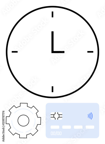 Clock, gear, and credit card symbolizing time, automation, and payments. Ideal for scheduling, productivity, financial planning, transactions workflow fintech abstract line flat metaphor