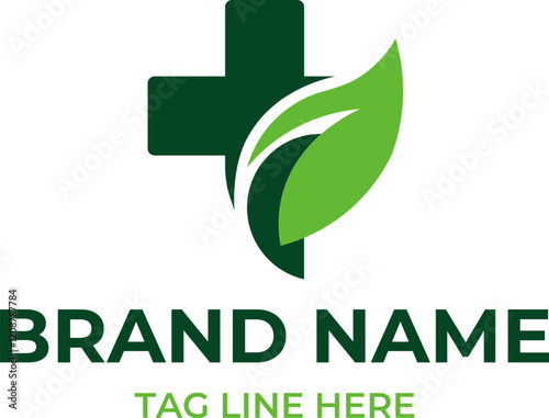 Modern Health and Wellness Logo with Cross and Green Leaf - Clean, Professional Design for Eco-Friendly and Medical Brands photo