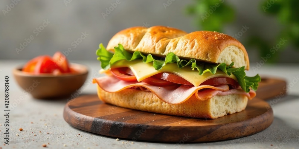 Delectable Ham and Cheese Sandwich on Crusty Roll with Fresh Lettuce and Tomato Slices Delectable Ham and Cheese Sandwich on Crusty Roll with Fresh Lettuce and Tomato Slices