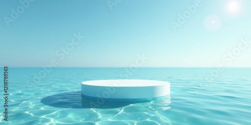 Serene Aqua Platform Afloat on a Calm Ocean Surface Under a Bright Sunny Sky