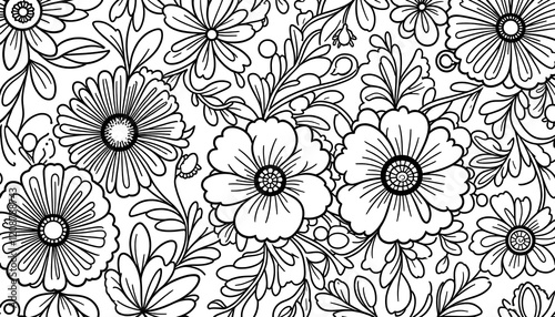Wallpaper Mural An elegant floral doodle in monochrome, showcasing diverse flowers, leaves, and abstract patterns, perfect for adult coloring books. Torontodigital.ca