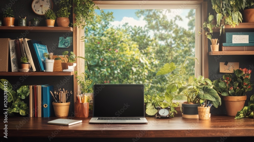 Fototapeta premium Serene Home Office Workspace Laptop Plants Books Window View