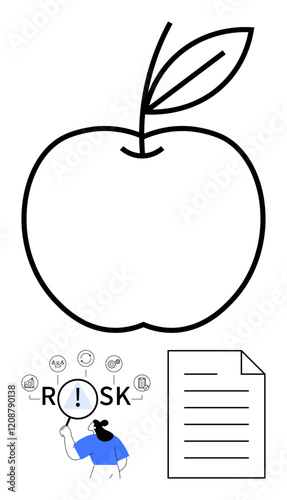 Apple outline with leaves, risk analysis icons, focused person assessing, and document representation. Ideal for strategy, evaluation, planning, education, health innovation abstract ideas