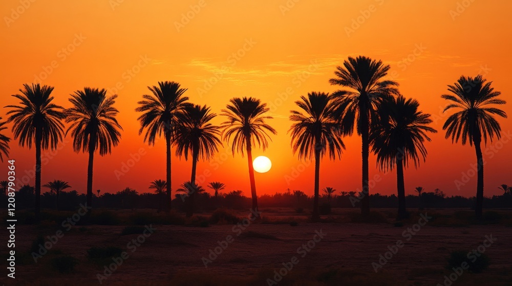 Silhouetted Palm Trees at Sunset in a Desert Landscape Silhouetted Palm Trees at Sunset in a Desert Landscape