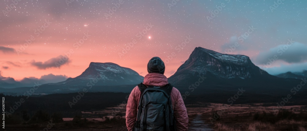 Obraz premium Starry Night Hike Backpacker Views Majestic Mountains