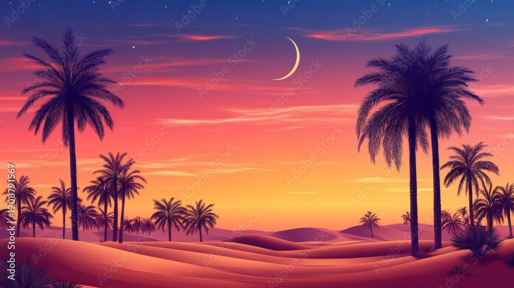 Fototapeta premium Desert Oasis Sunset Palm Trees Crescent Moon