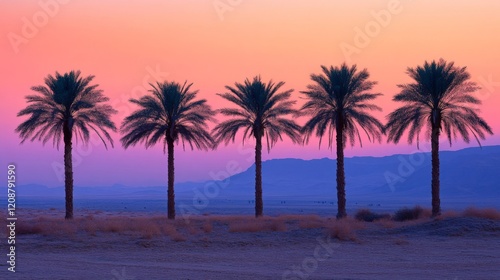 Five Palm Trees Silhouette Against Sunset Desert Landscape