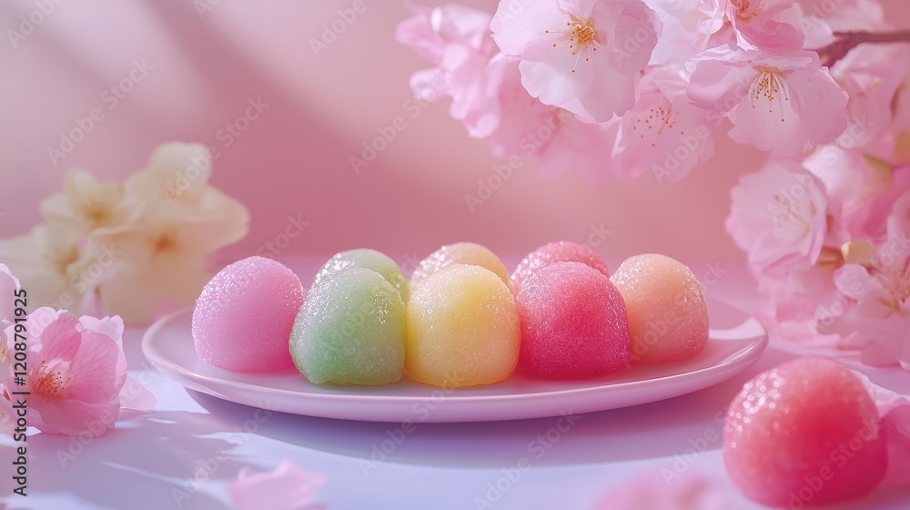 Pastel-colored mochi sweets on plate with cherry blossoms. Perfect for spring themes, food blogs, and dessert imagery. Pastel-colored mochi sweets on plate with cherry blossoms. Perfect for spring themes, food blogs, and dessert imagery.