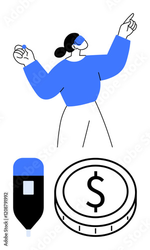 Woman holding a small object while gesturing, medical device for testing, and dollar coin. Ideal for health costs, testing accessibility, personal finance, diagnosis, decision-making, wellness