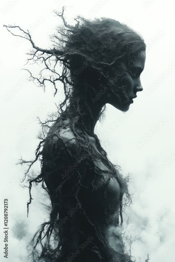 Fototapeta premium Here's a 10-word description: Dark, ethereal woman merging with a