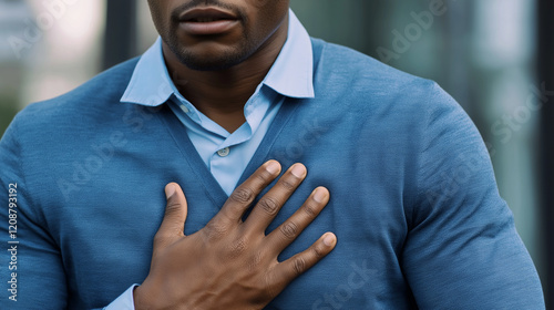 Businessman suffering chest pain holding hand over heart