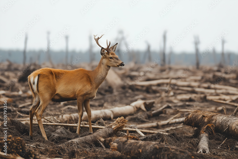 Fototapeta premium Alone deer standing in a barren land forest woods.