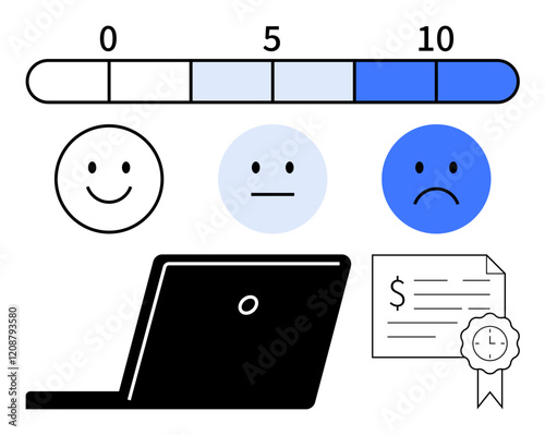 Happiness to sadness scale from 0 to 10 above three emoticons. Laptop and certificate emphasizing key data and satisfaction levels. Ideal for customer experience, feedback, performance evaluation