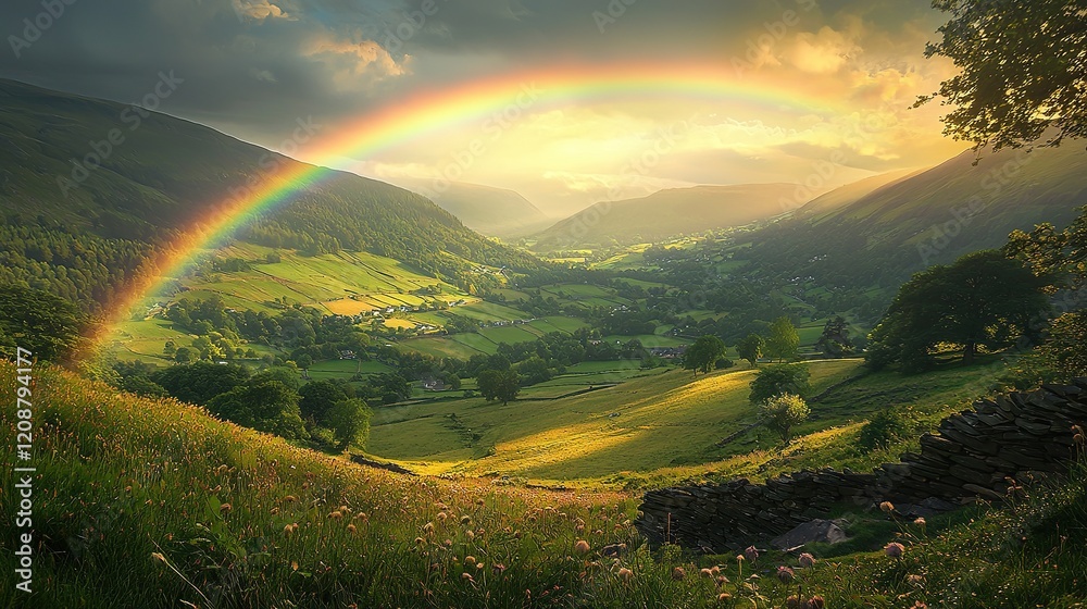 Fototapeta premium Rainbow Over Valley Sunset