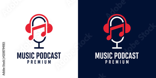 Podcast microphone and music note icon logo illustration design for sound recording studio, vocal course, composer. Singer musician artist celebrities karaoke music logo design illustration.