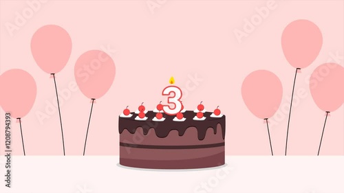 Birthday cake with number 3 candle and bright cherry topping, accompanied by pink balloons. Ideal for third birthday celebrations or events.