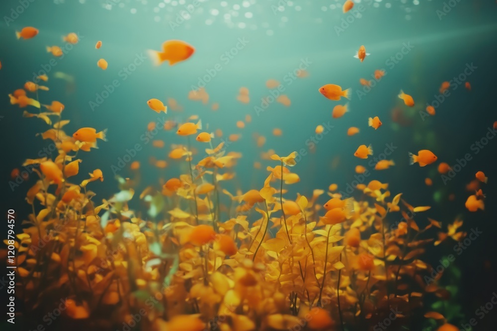 Fototapeta premium Underwater Scene of Schooling Orange Fish Swimming Amidst Vibrant Aquatic Plants in a Serene and Lush Environment, Capturing the Beauty of Marine Life